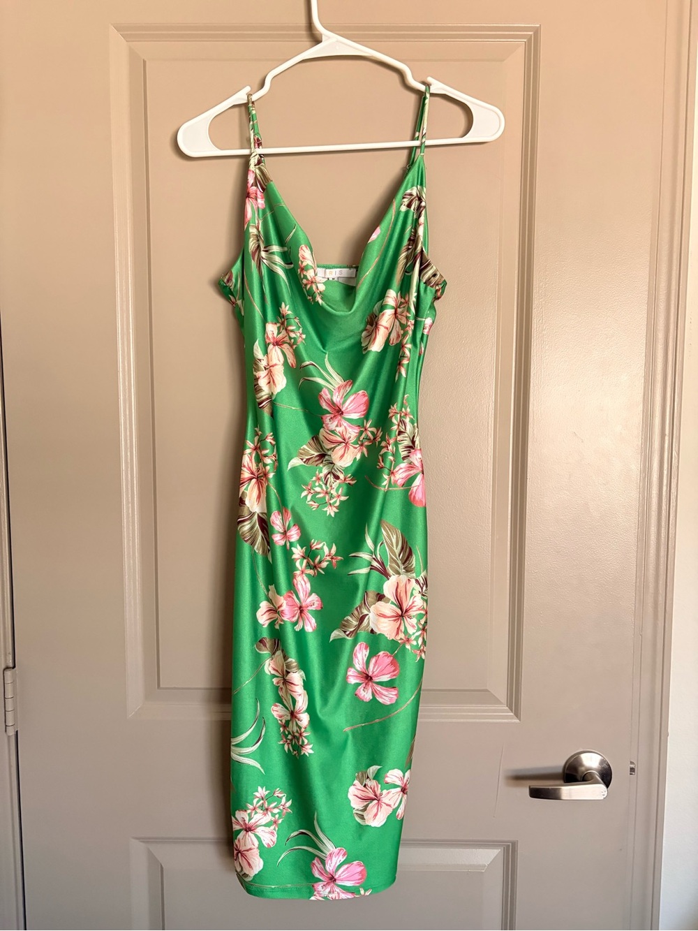 SHEIN Green Floral Slip Midi Dress with Pink Accents